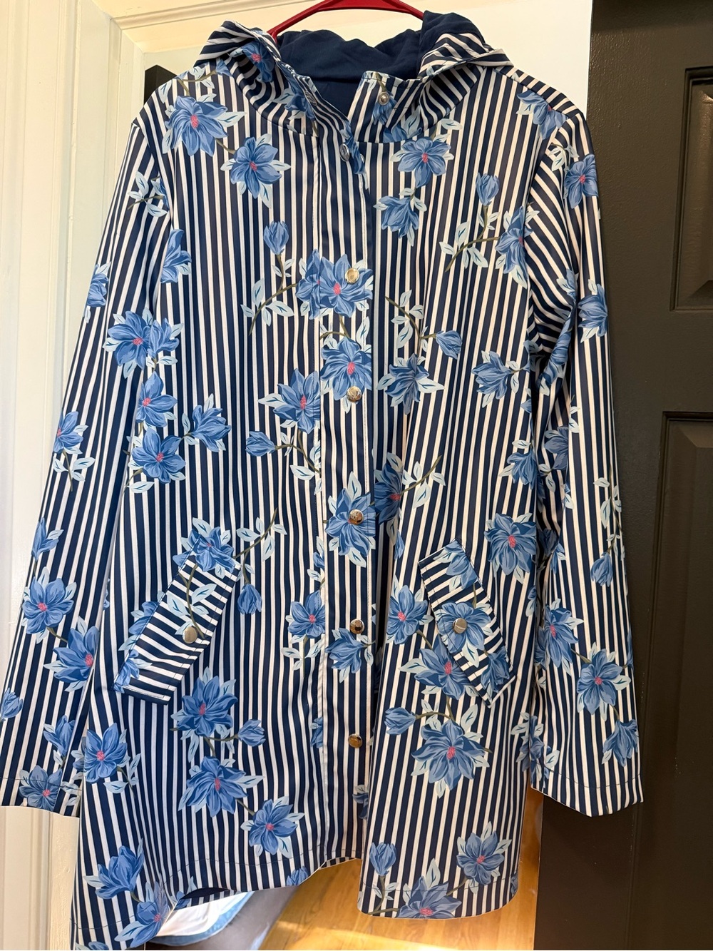 Draper James Hooded Rain Jacket Blue Floral Stripe Coat Size M - Picture 5 of 6